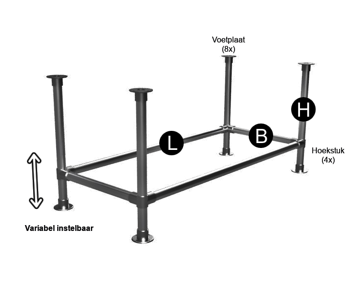 Zwarte steigerbuis onderstel tafel met onder-etage uit buis Ø 33,7 mm